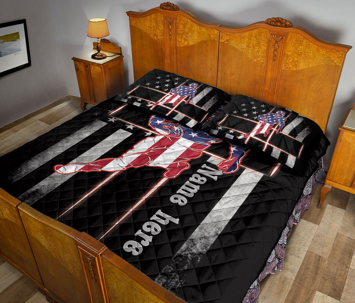 American football quilt bedding set styled in a bedroom with a bold player illustration and black, red, and blue decor