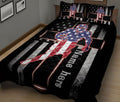 Patriotic football quilt blanket displayed on a bed with a helmeted player and stars and stripes background