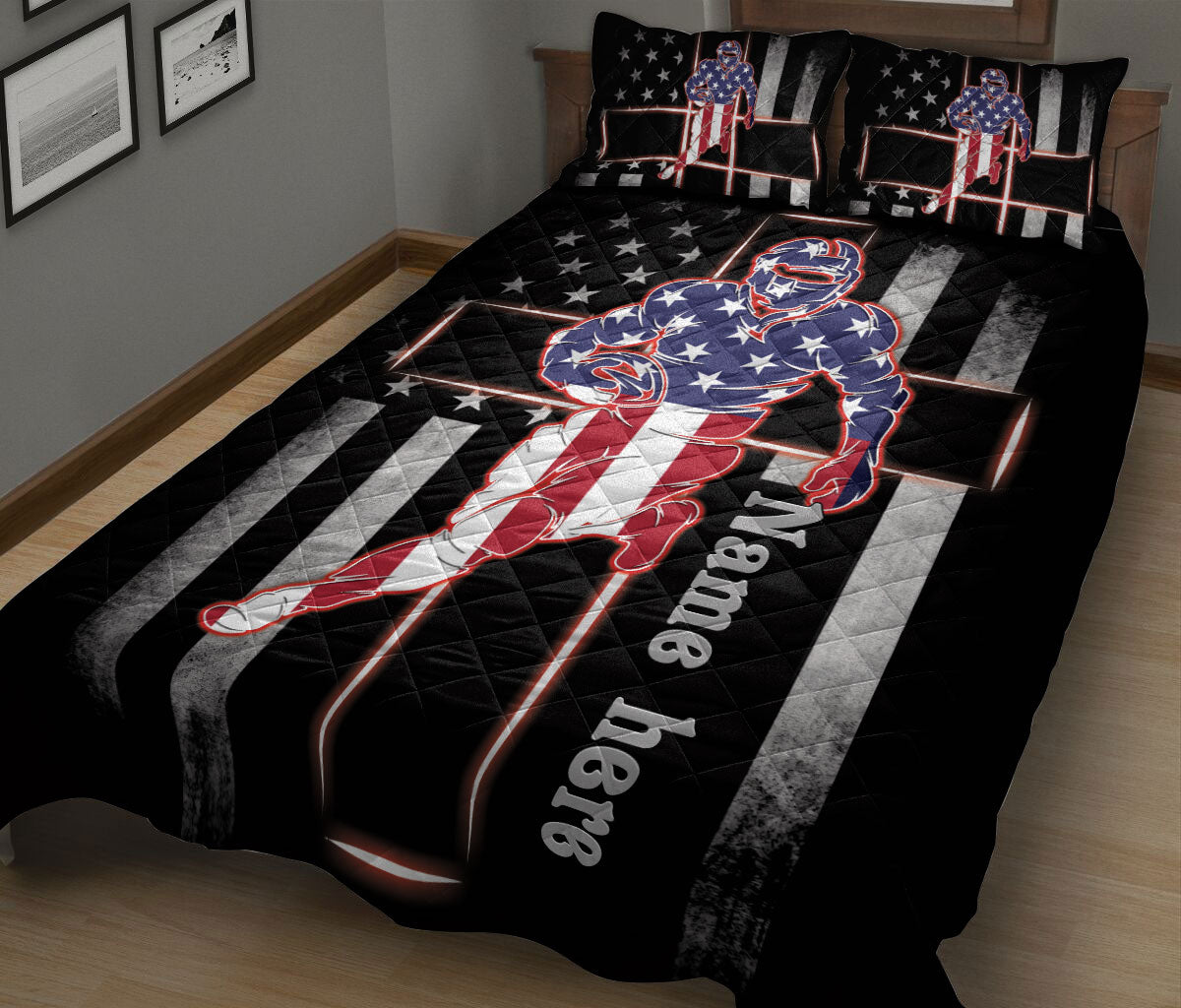 Patriotic football quilt blanket displayed on a bed with a helmeted player and stars and stripes background