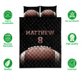 Football quilt bedding set displayed with soft breathable and colorfast feature icons