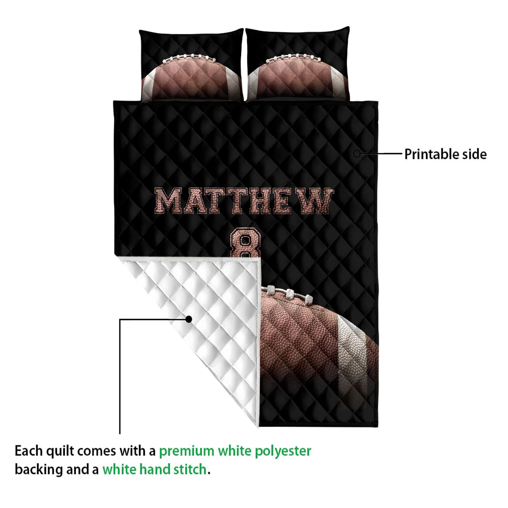 Football quilt blanket showing the printed black front and white reverse backing