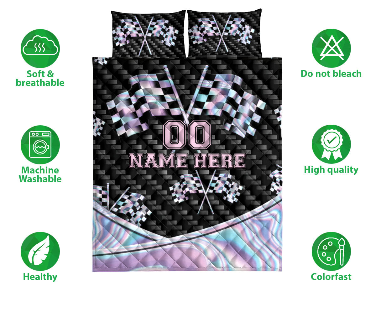 Racing quilt bedding set with checkered flag artwork, black background, and pastel pink and blue details