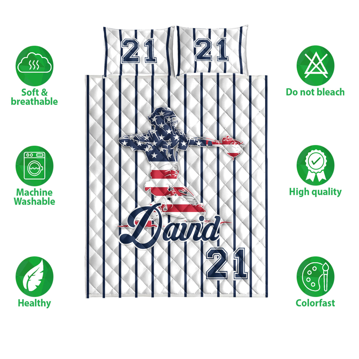 Baseball quilt bedding set displayed with ballplayer artwork, striped pattern and product feature icons
