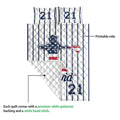 Baseball quilt layout showing the printed side, quilted reverse and ballplayer artwork