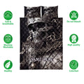 Skull quilt bedding set shown with coordinated skull artwork and product feature icons