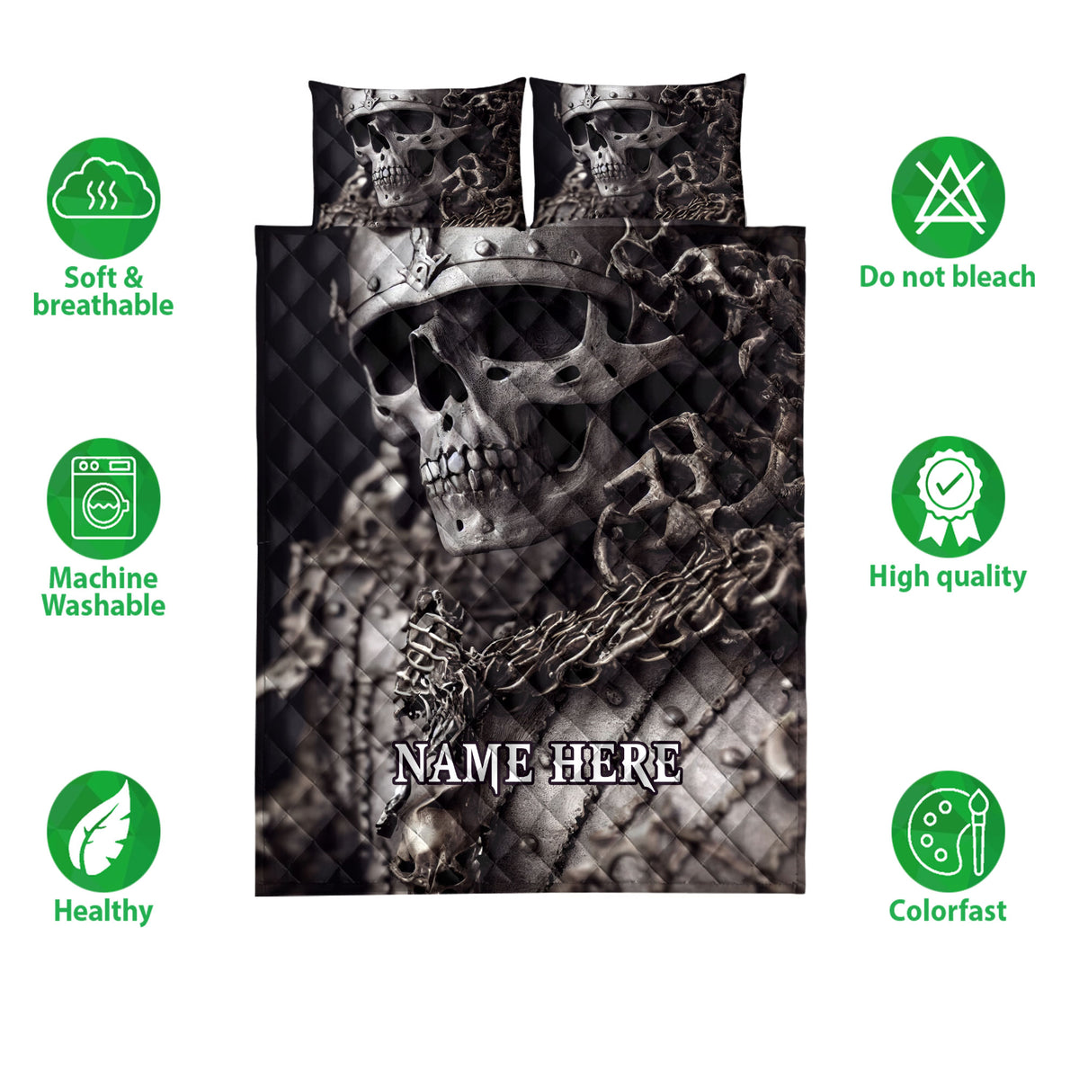 Skull quilt bedding set shown with coordinated skull artwork and product feature icons