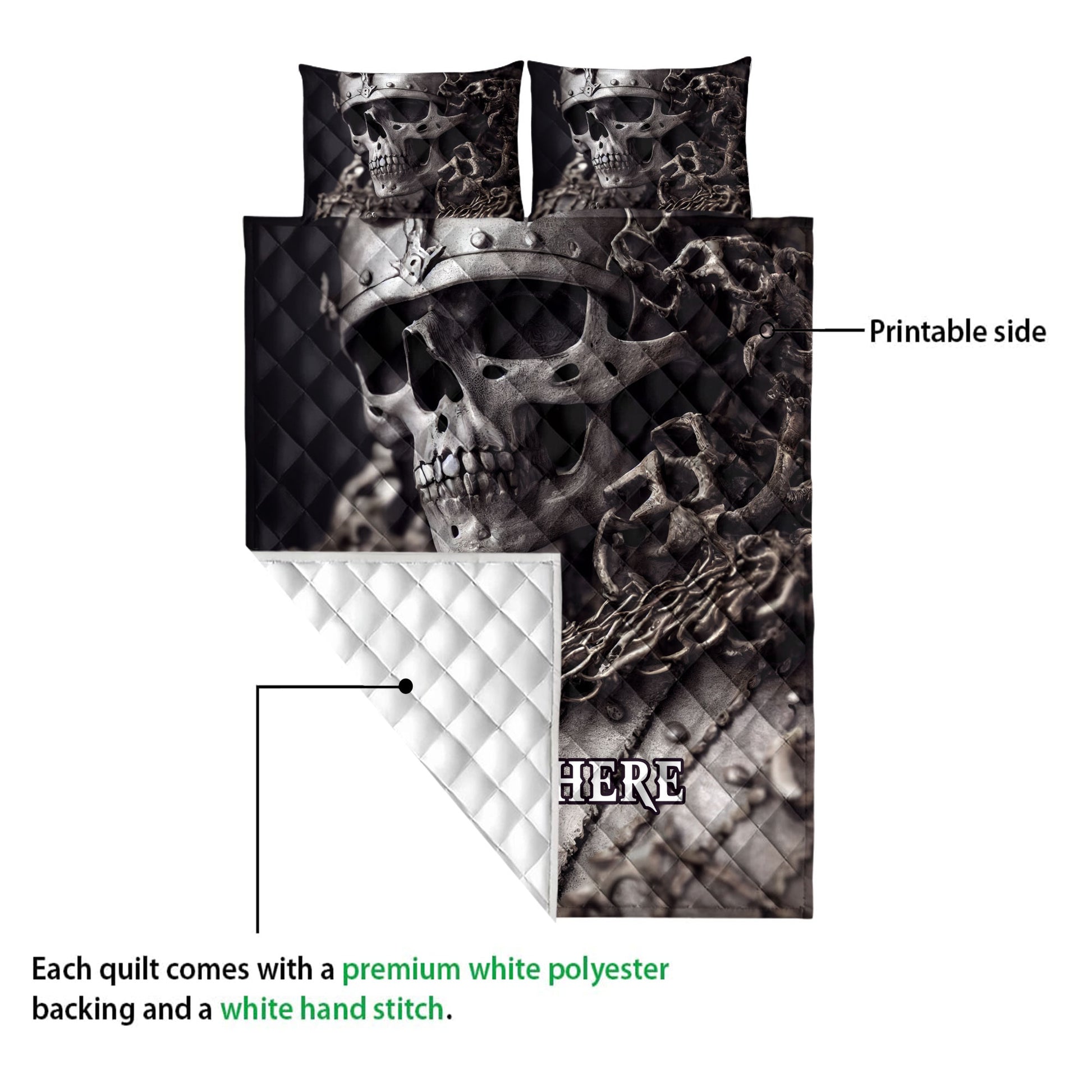 Skull quilt showing the printed front artwork and white quilted reverse backing