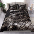 Gothic skull quilt blanket styled across a bedroom with dramatic skeletal artwork