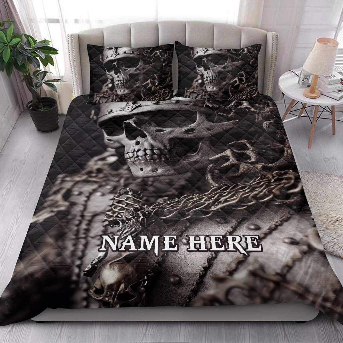 Gothic skull quilt blanket styled across a bedroom with dramatic skeletal artwork