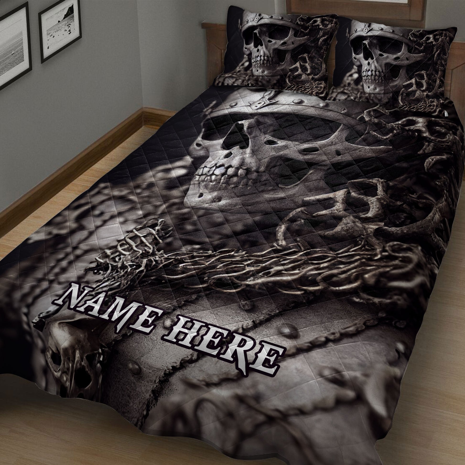 Dark skull and skeleton quilt blanket arranged on a bed for gothic bedroom decor
