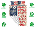 Motocross quilt bedding set shown with dirt bike artwork, blue star panels, and soft breathable fabric icons