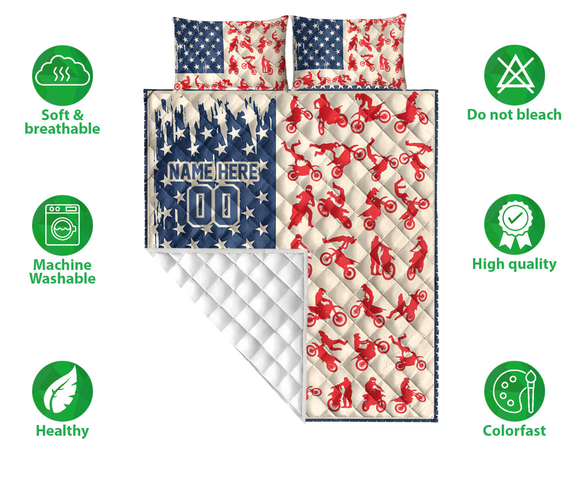 Motocross quilt bedding set shown with dirt bike artwork, blue star panels, and soft breathable fabric icons