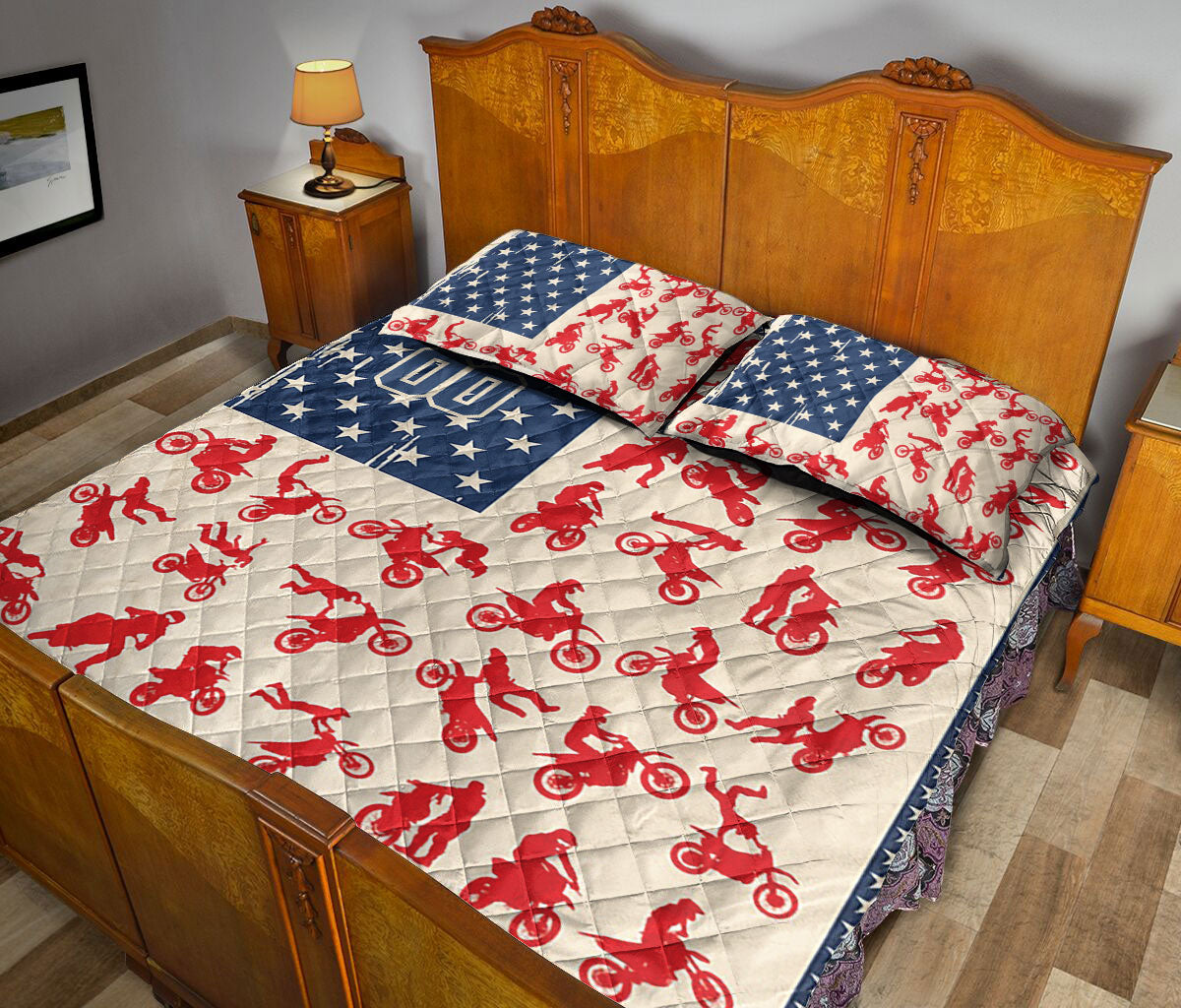 Motocross quilt blanket styled in a bedroom with red dirt bike rider silhouettes and blue star accents