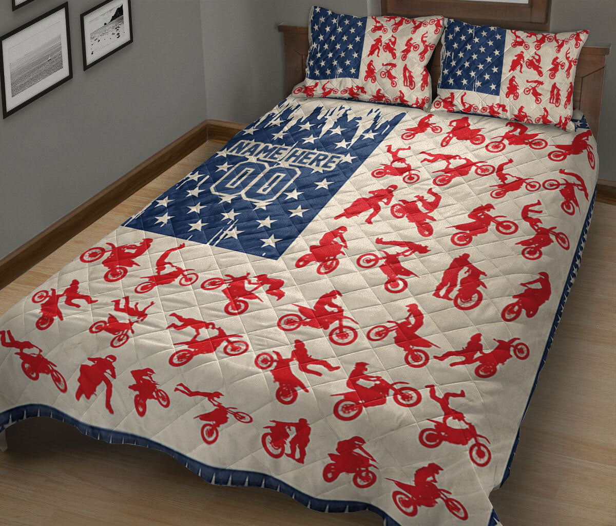 Motocross quilt bedding featuring red dirt bike silhouettes, blue star artwork, and a scalloped edge