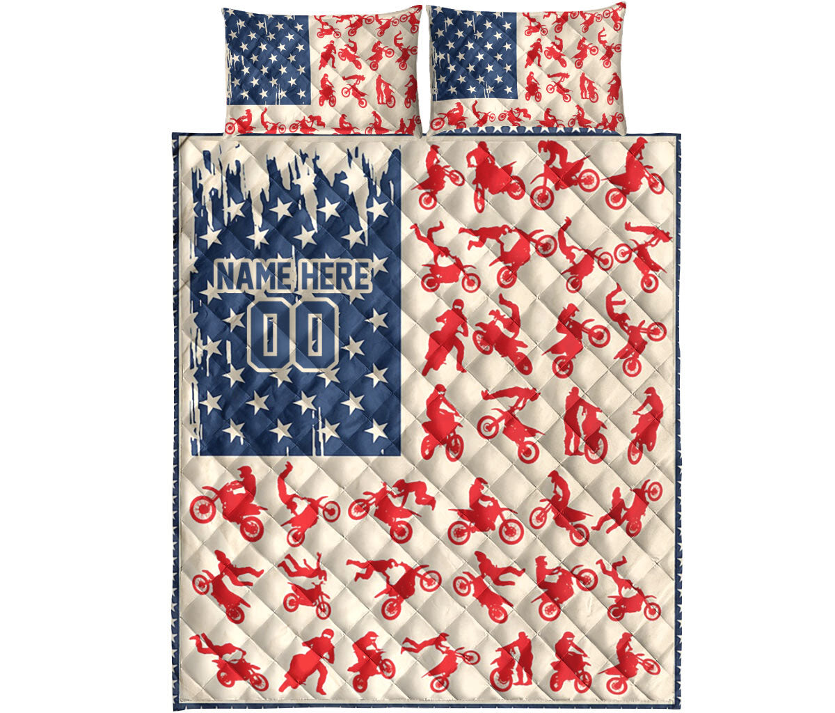 Motocross quilt blanket and bedding set shown flat with repeated dirt bike rider artwork and star panels