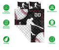 Baseball quilt bedding set shown with batter artwork, baseball graphics, and product feature icons