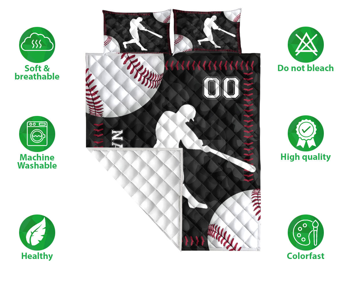 Baseball quilt bedding set shown with batter artwork, baseball graphics, and product feature icons