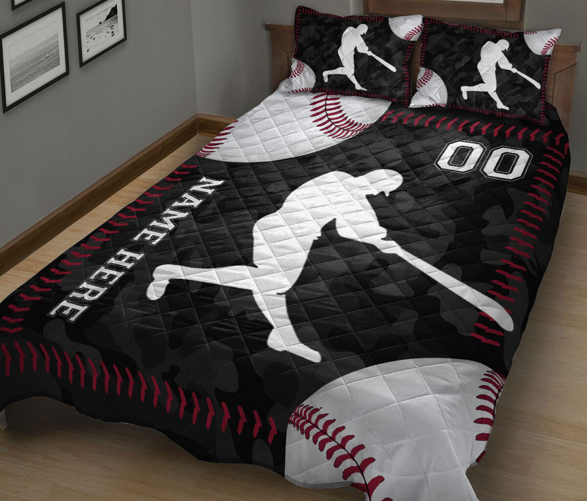 Baseball quilt bedding in a bedroom with a large batter silhouette, baseballs, and decorative red stitching