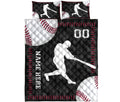 Baseball quilt blanket shown flat with batter artwork, baseball graphics, red stitching, and a black background