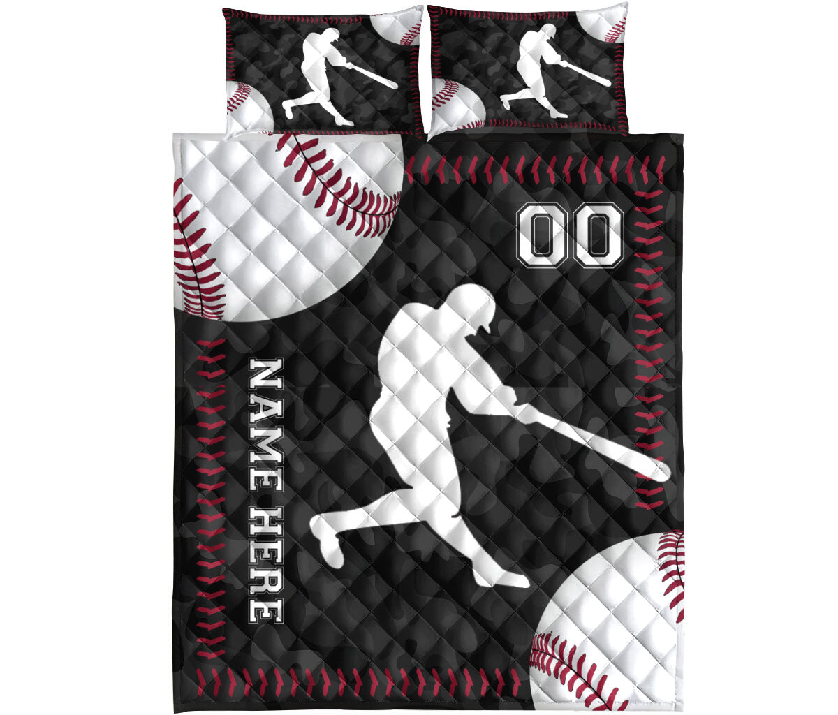 Baseball quilt blanket shown flat with batter artwork, baseball graphics, red stitching, and a black background