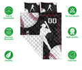 Baseball quilt bedding set shown with batter silhouettes, baseball graphics, and breathable machine-washable care icons