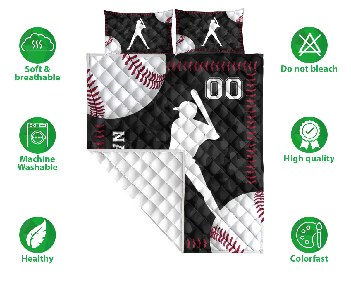 Baseball quilt bedding set shown with batter silhouettes, baseball graphics, and breathable machine-washable care icons