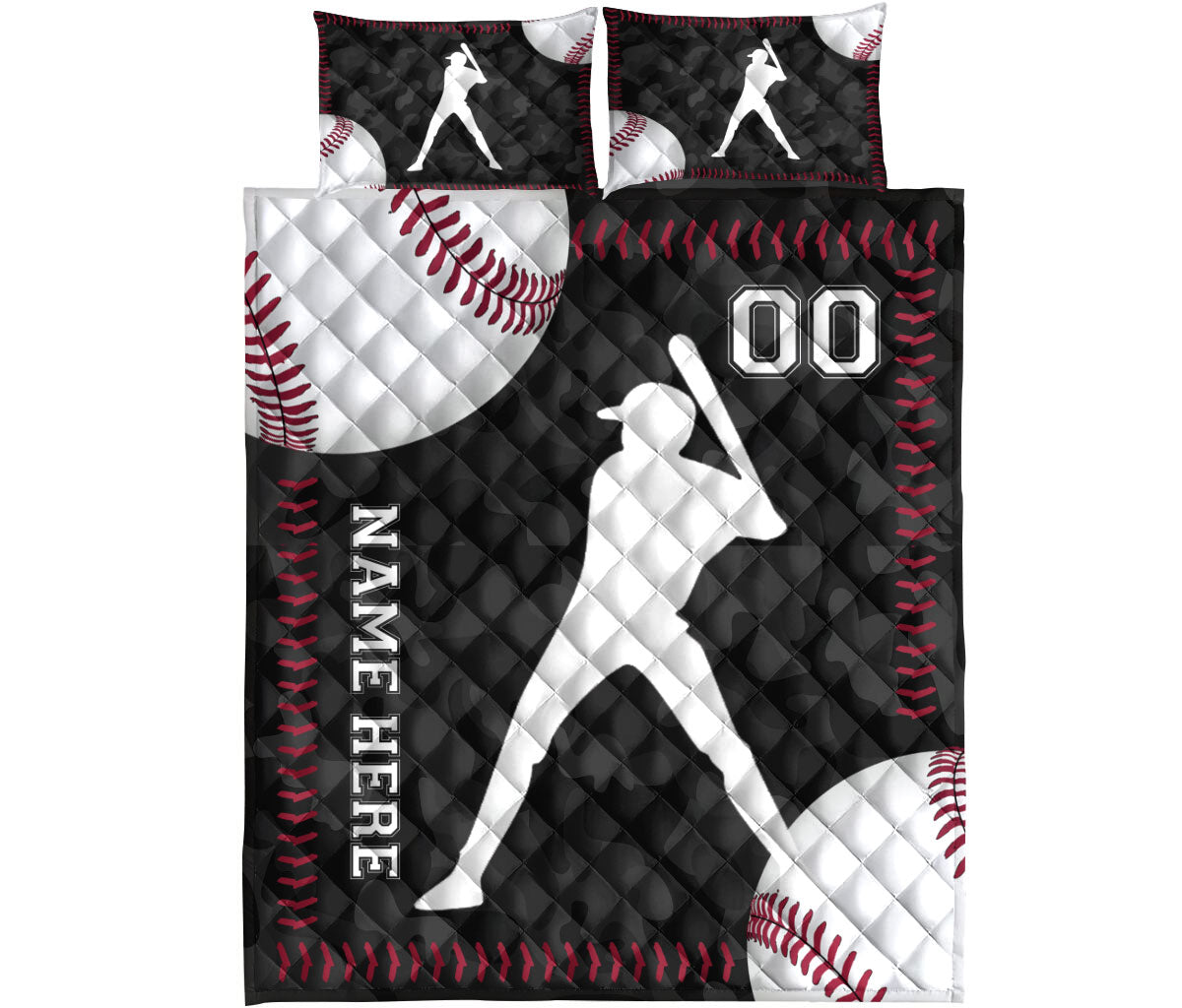 Baseball quilt bedding set displayed flat with batter artwork, baseball graphics, red stitching, and black background