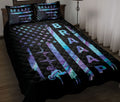 Motocross quilt blanket displayed on a bed with neon dirt bike graphics, stars, and bold black and blue artwork