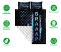 Motocross quilt bedding set shown flat with dirt bike graphics, star patterns, and soft breathable feature icons