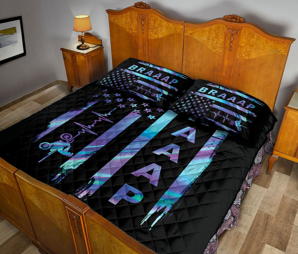 Motocross quilt blanket styled in a bedroom with colorful dirt bike artwork and bold racing-inspired graphics