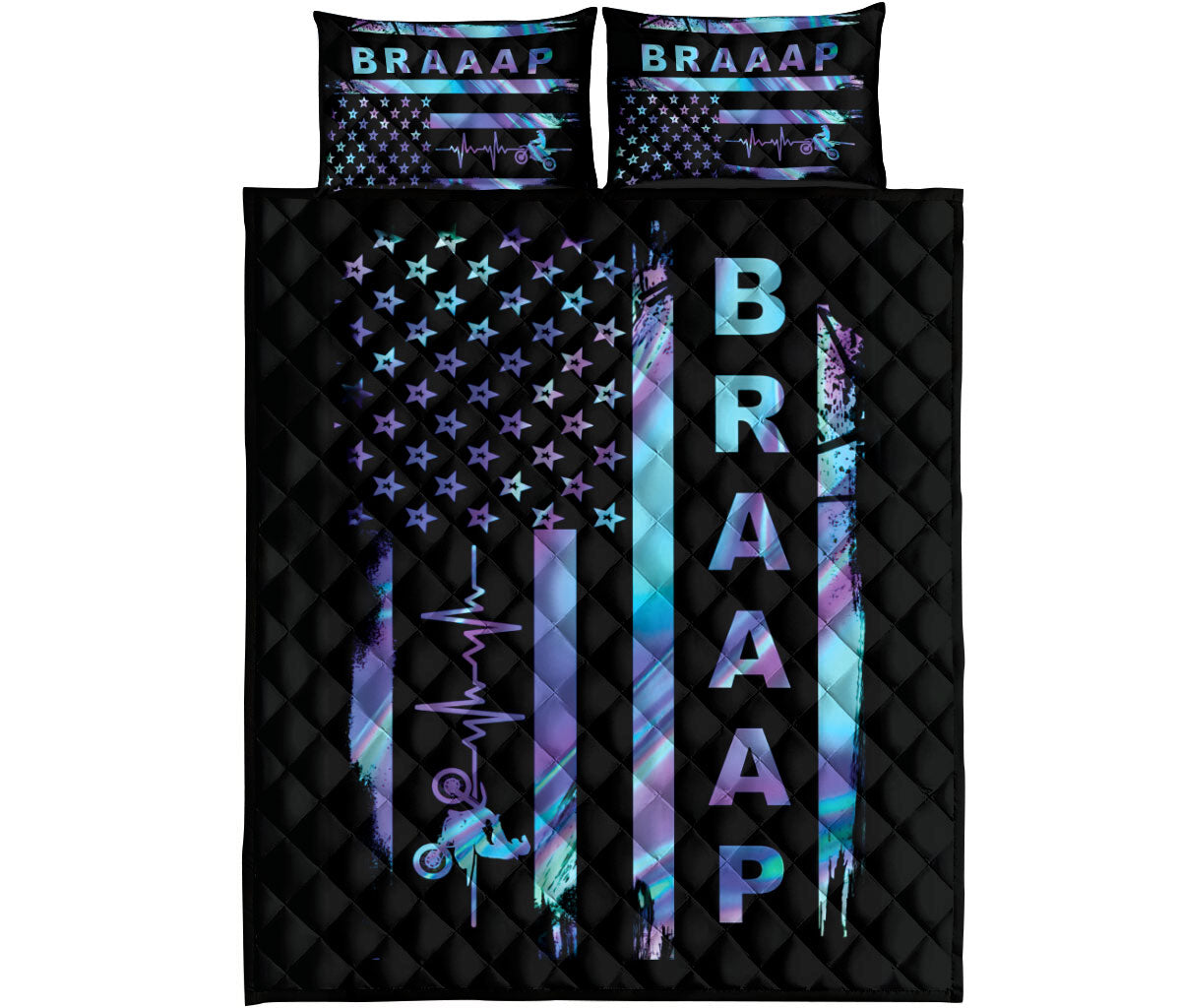 Full view of a motocross quilt bedding set with neon dirt bike illustrations, star patterns, and bold graphic stripes