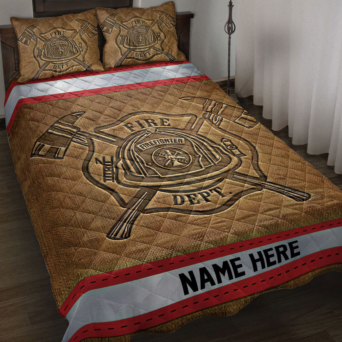 Firefighter quilt blanket displayed on a bed with helmet and crossed axe emblem artwork in brown, red, and silver