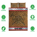 Firefighter quilt bedding set shown front-facing with fire department emblem artwork and product feature icons
