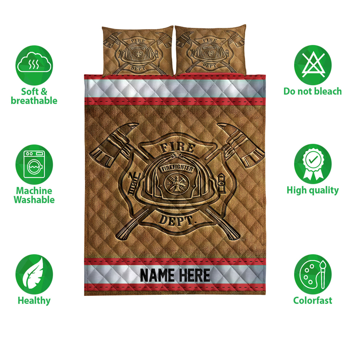 Firefighter quilt bedding set shown front-facing with fire department emblem artwork and product feature icons