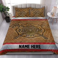 Firefighter quilt blanket styled in a bedroom with fire department emblem artwork and red trim