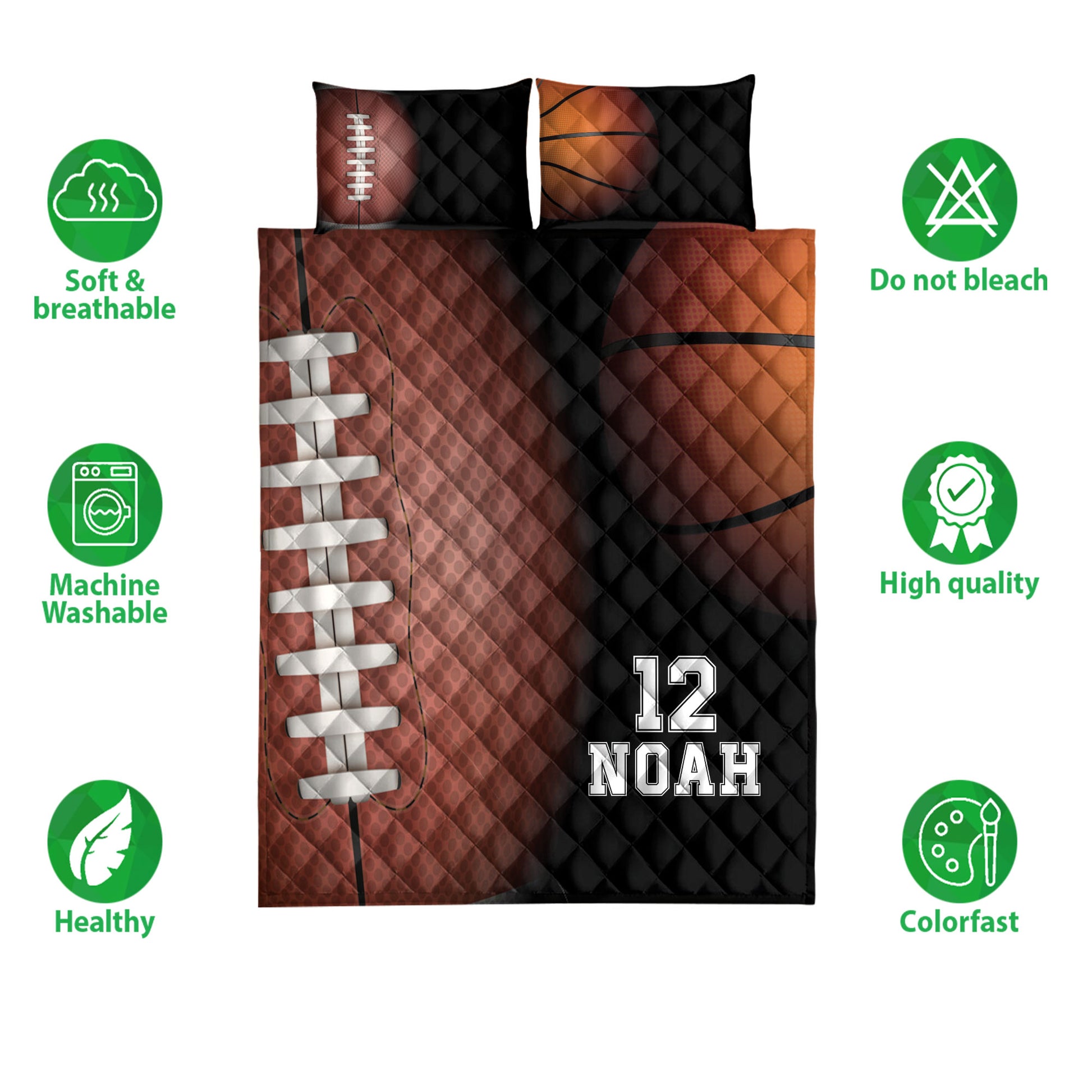 American football quilt bedding set shown with football artwork and product feature icons