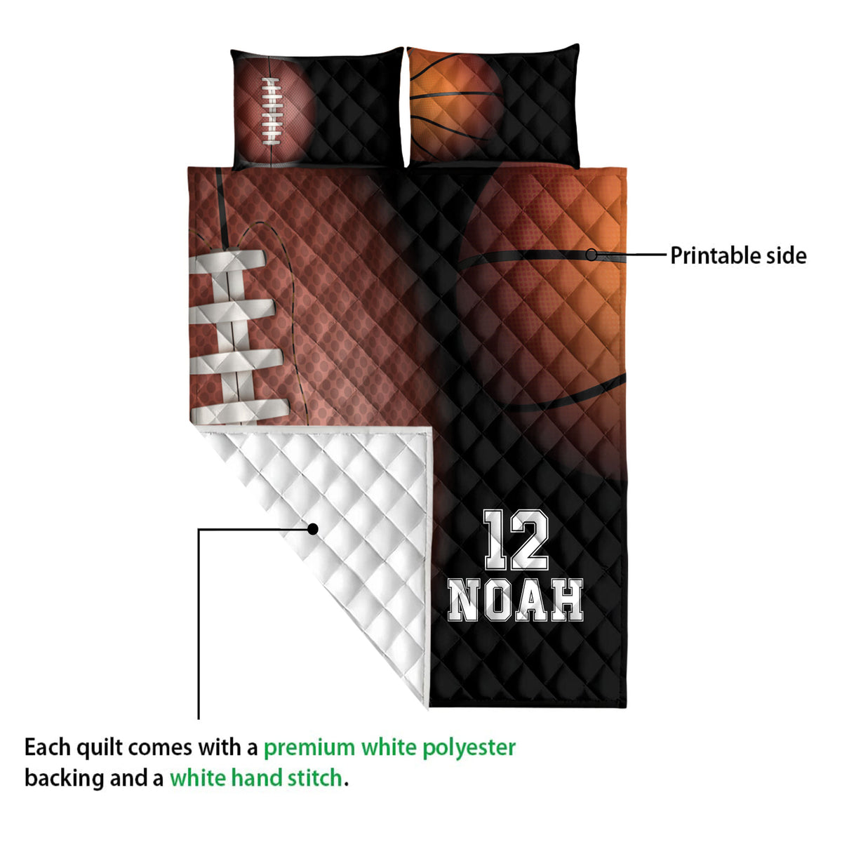 American football quilt blanket detail showing the printed side and white quilted backing