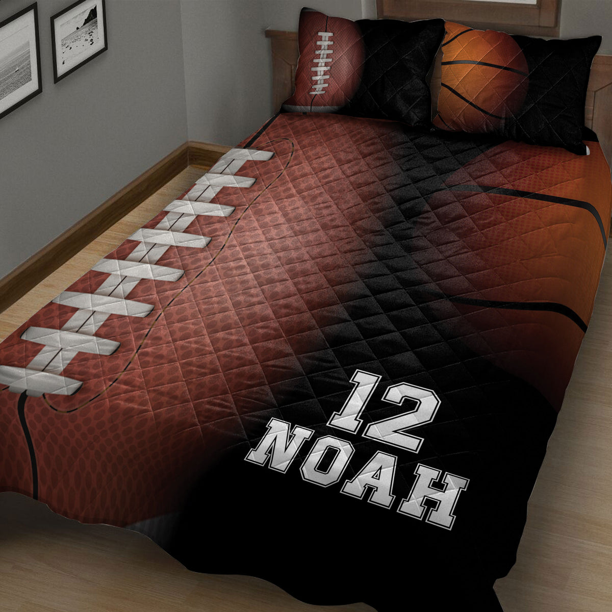 Close bedroom view of a football quilt blanket with textured football graphics and dark sports colors