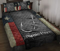 Fishing quilt blanket displayed on a bed with hook and lure artwork, dark red and blue borders, and star accents