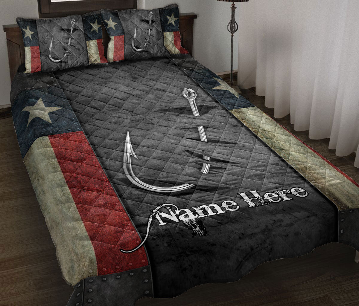 Fishing quilt blanket displayed on a bed with hook and lure artwork, dark red and blue borders, and star accents