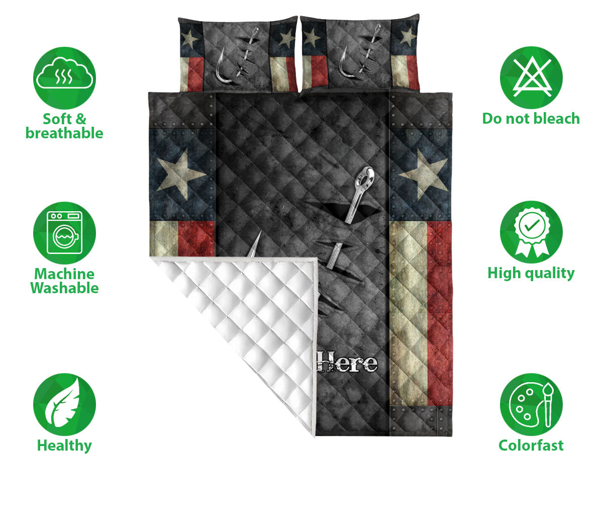 Fishing quilt bedding set shown with hook artwork, quilted backing detail, and illustrated care and quality icons
