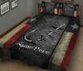 Fishing quilt blanket close bedroom view featuring large hooks, lures, star accents, and red, blue, and cream borders