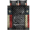 Full fishing quilt bedding set layout with matching fishing artwork, hook and lure design, and decorative star borders