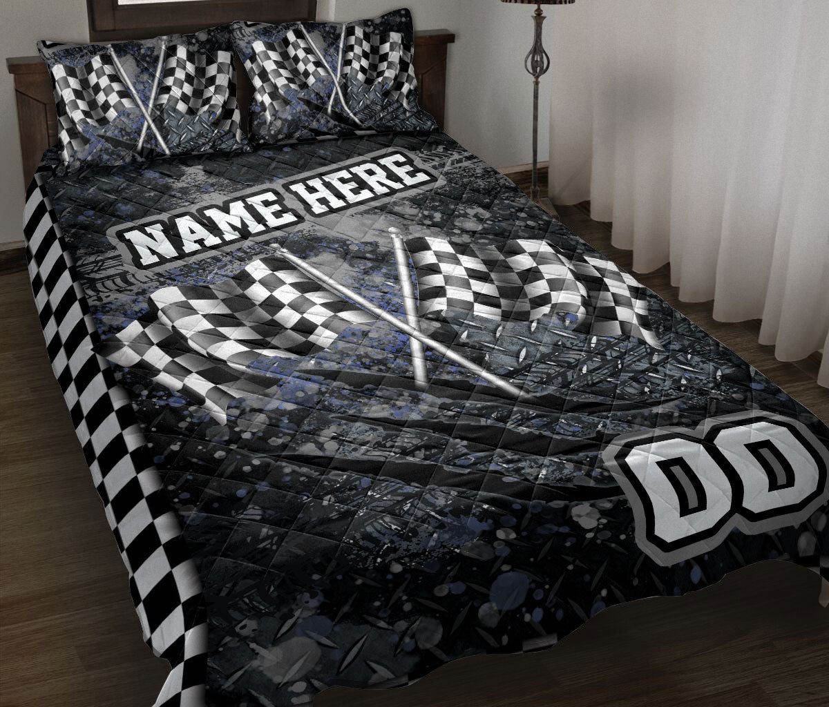 Racing quilt blanket on a bed with black and white checkered flags and dark motorsport artwork