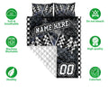 Racing quilt bedding set shown with crossed checkered flags, quilted backing, and feature icons