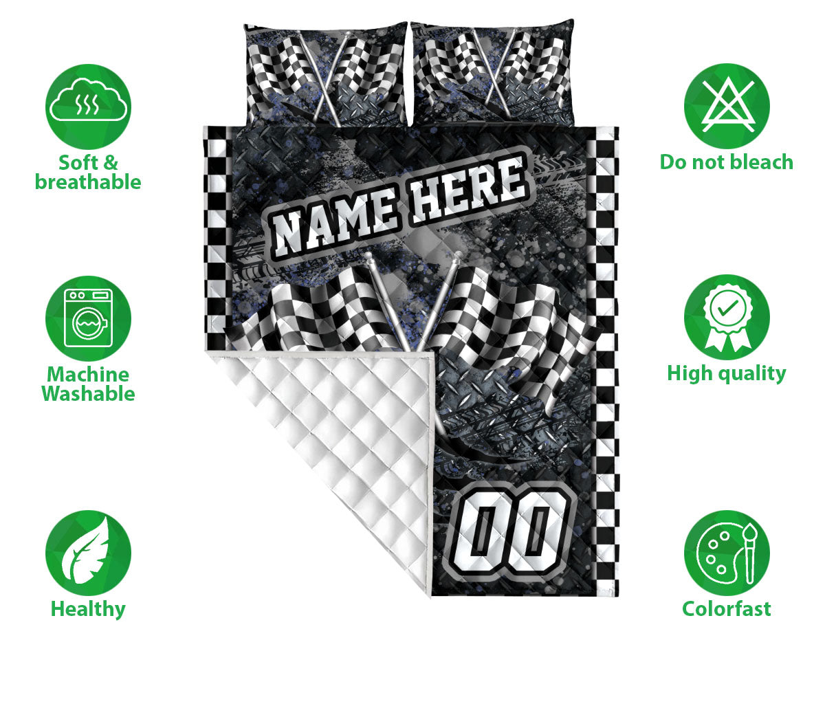Racing quilt bedding set shown with crossed checkered flags, quilted backing, and feature icons
