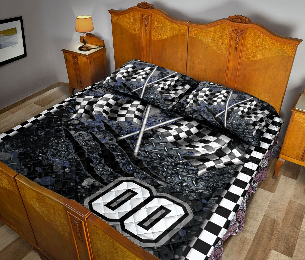 Racing quilt blanket styled in a bedroom with bold checkered flag and motorsport artwork