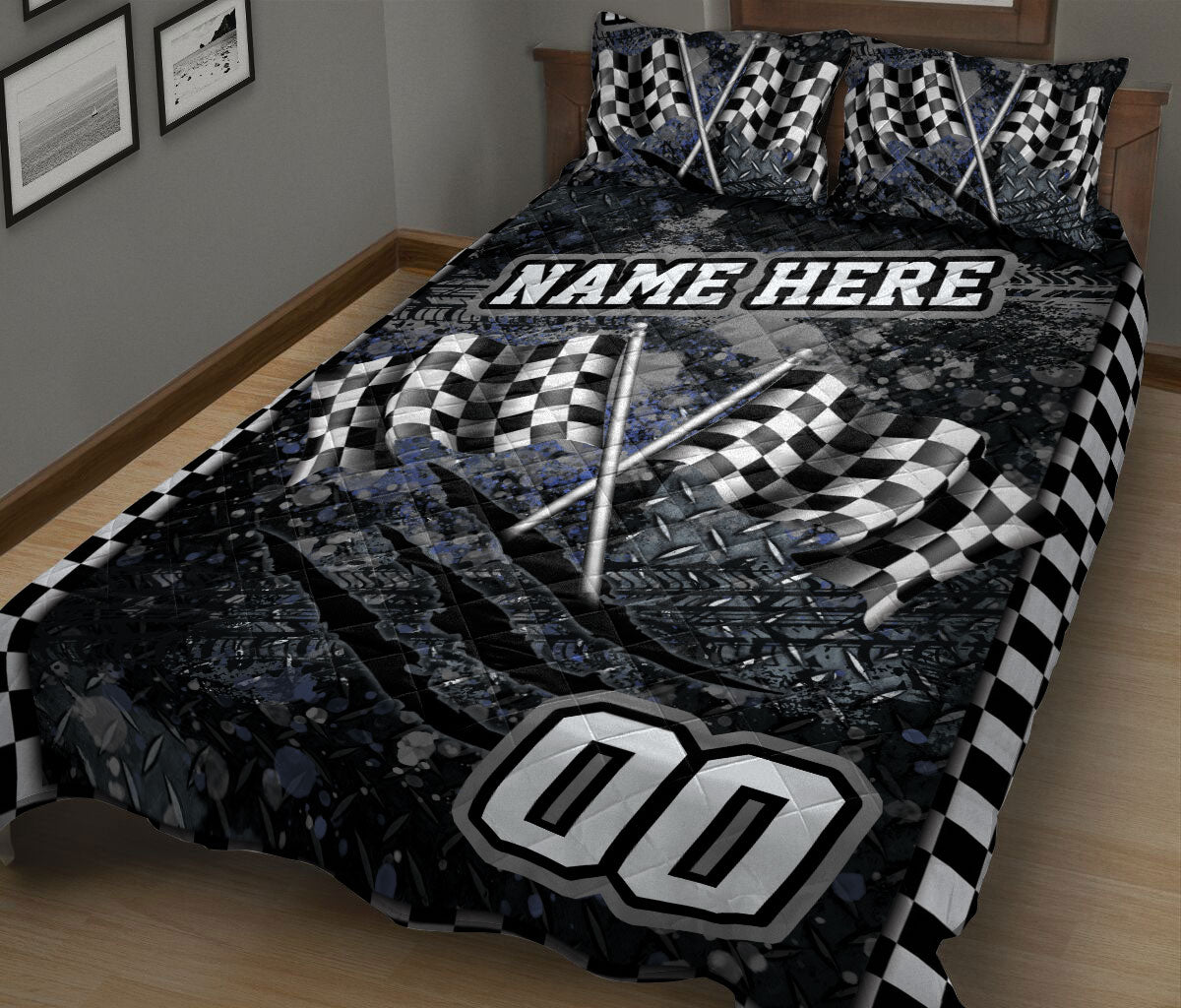 Black racing quilt blanket with crossed checkered flags and graphic motorsport design on a bed