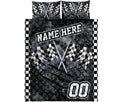 Racing quilt bedding set displayed flat with checkered flags, dark graphics, and bold racing details