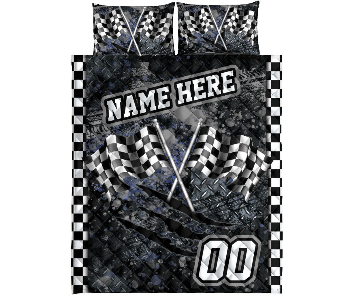Racing quilt bedding set displayed flat with checkered flags, dark graphics, and bold racing details